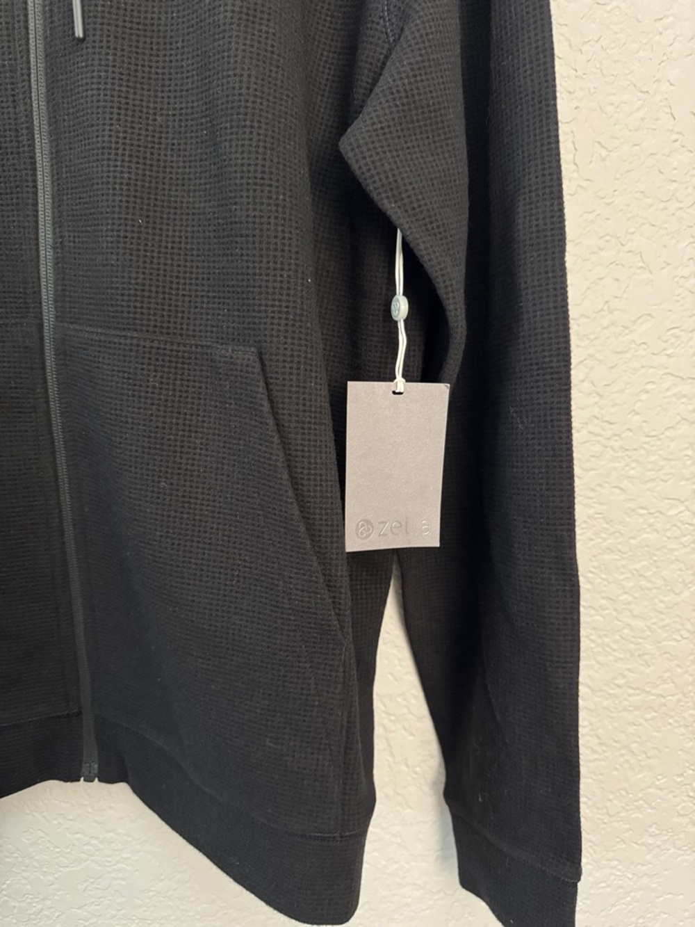 NWT Zella Men’s Waffle Knit Zip Up Hoodie Black Large - Picture 4 of 5